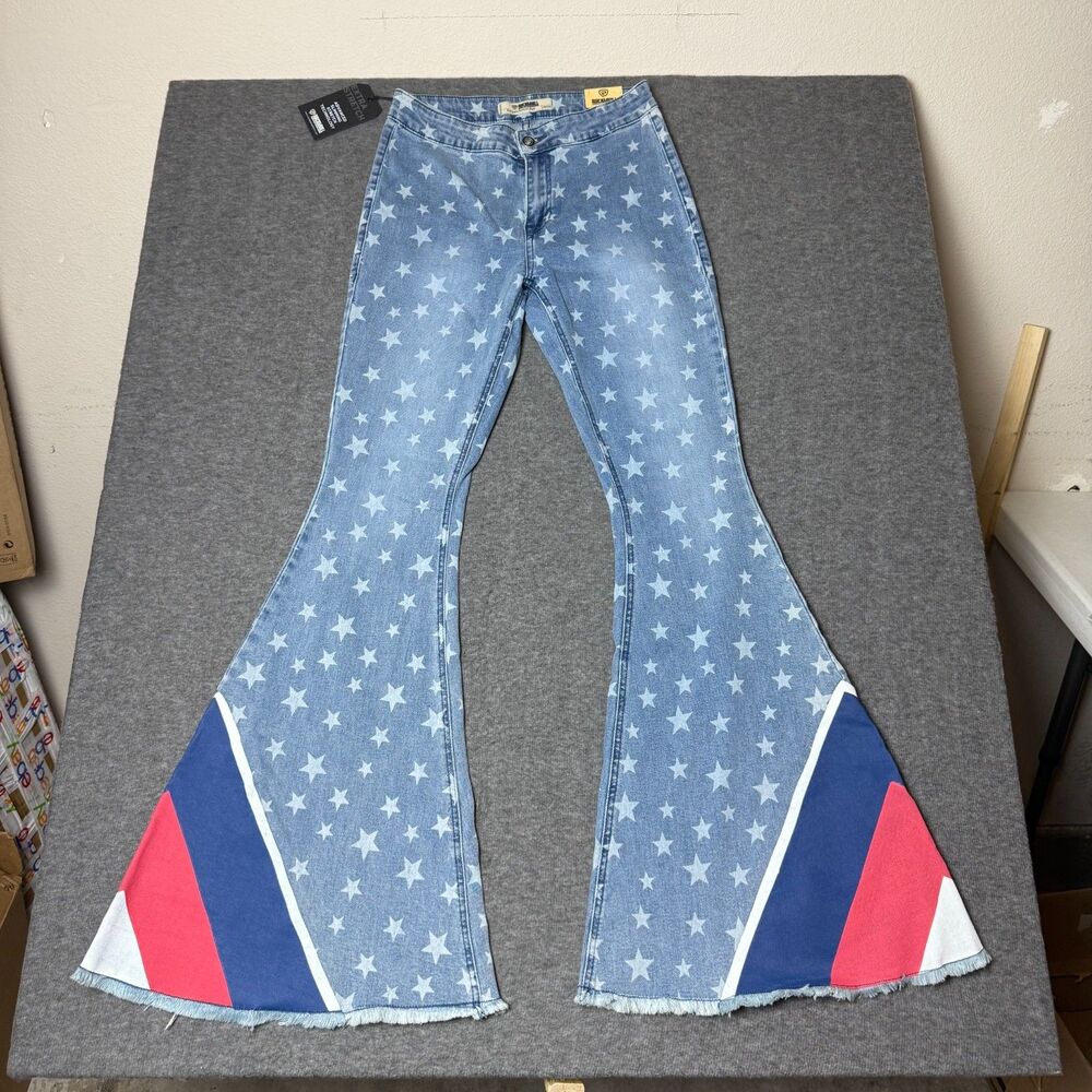 Rock & Roll Denim Bargain Button Bell Jeans USA Women 28x34 Huge Bellbottom